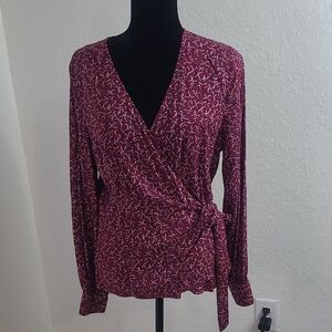 Talbots Burgundy Floral Wrap Blouse Size M